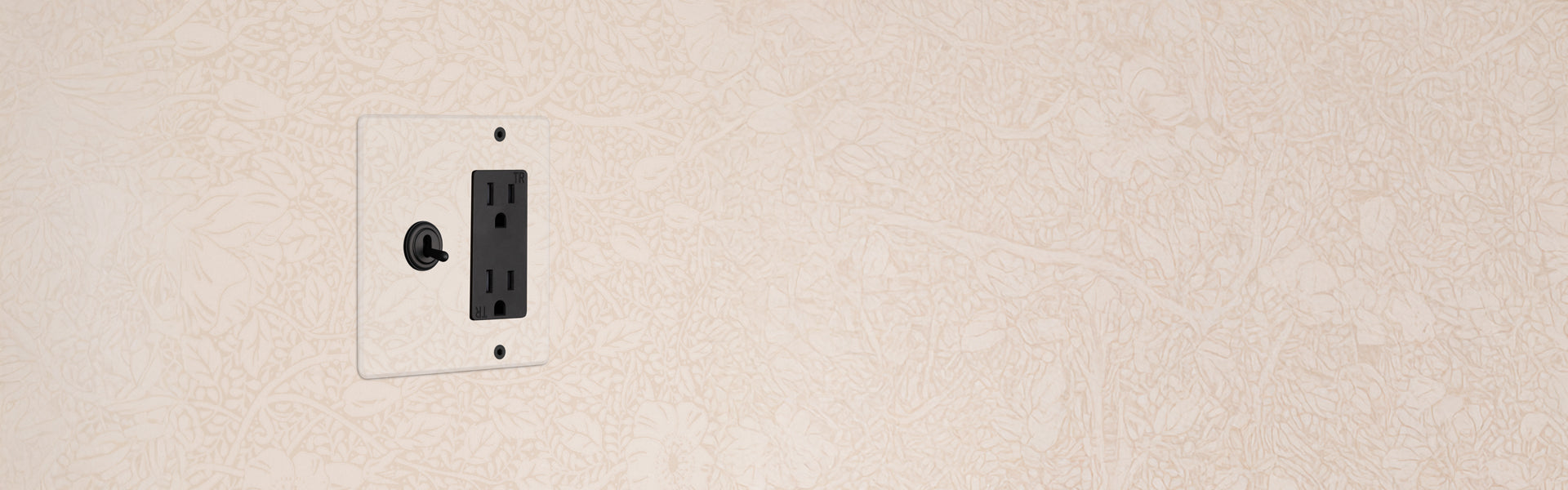A black electrical outlet with a toggle switch installed on a beige wall with a subtle floral pattern.